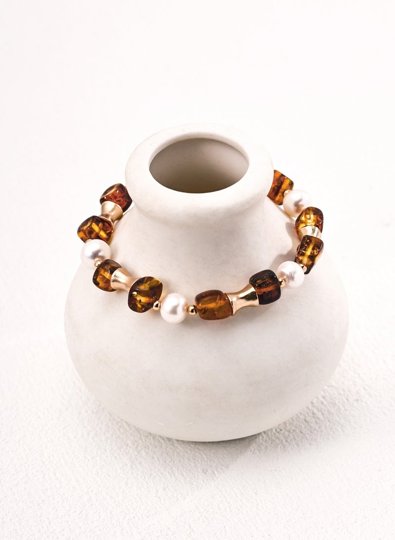 Burch Vintage Natural Pearl Flower Amber Bracelet - Image 1