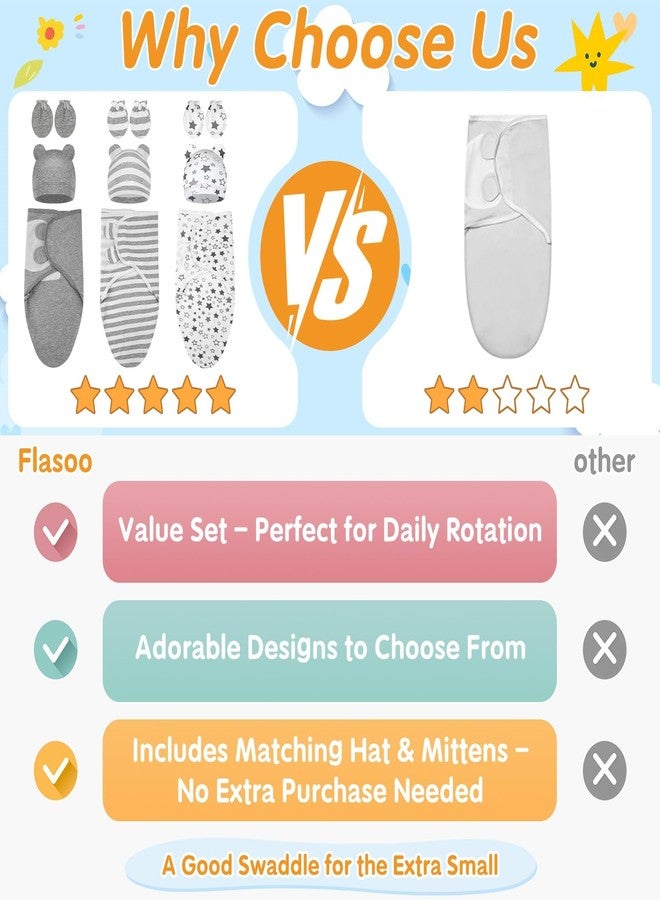 Flasoo 3 Pack Preemie Swaddle with Hat & Mittens Set, Adjustable Cotton Swaddle for Preemie Baby, Preemies Swaddles 4-7 Lbs for Baby Boy Girl, Baby Sleep Sack for Newborn Essentials (Classic Style) - Image 2