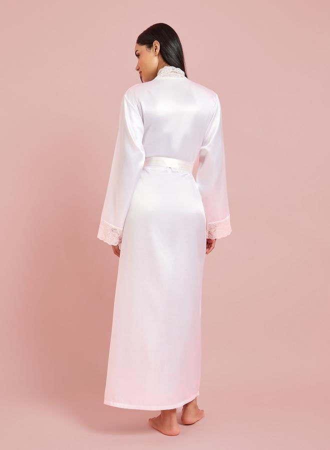 Styli White Solid Lace Trims Long Sleeves Maxi Robe - Image 4