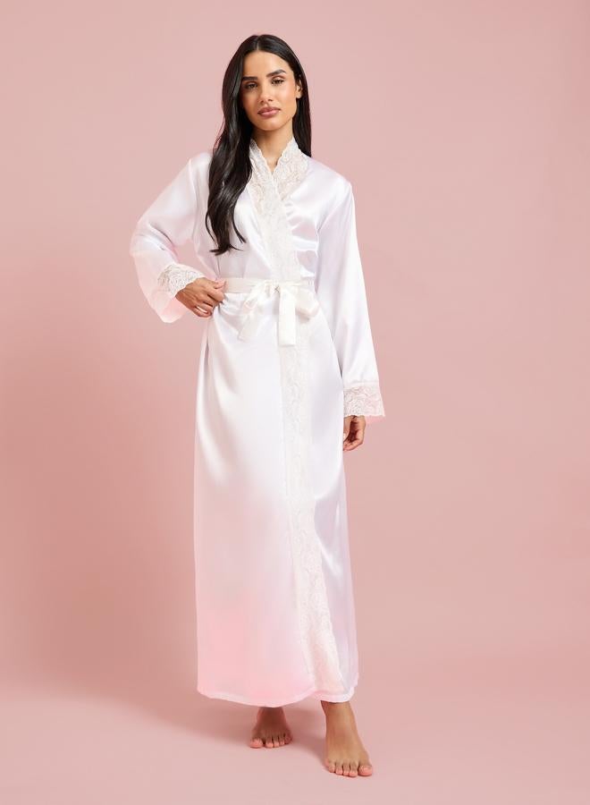 Styli White Solid Lace Trims Long Sleeves Maxi Robe - Image 1