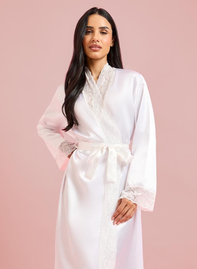 Styli White Solid Lace Trims Long Sleeves Maxi Robe - Image 2
