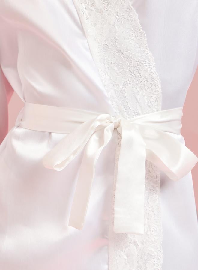 Styli White Solid Lace Trims Long Sleeves Maxi Robe - Image 3