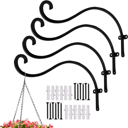 Hourleey 4 Pack Plant Hanger Outdoor, 12 Inch Heavy-Duty Hanging Plant Hook for Outside Basket, Black Metal Wall Mount Plant Bracket Hook for Flower Baskets Bird Feeder - Image 1