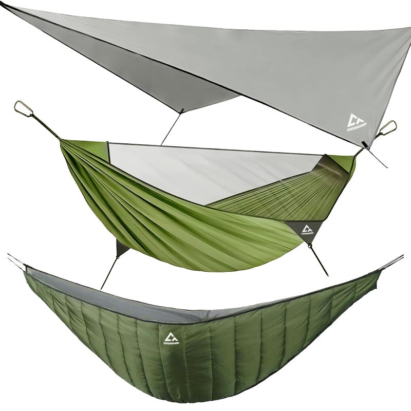 Crosship Camping Hammock with Mosquito Net, Underquilt & Rain Fly Tarp â€“ 2 Person Portable Backpacking Hammock Set for Hiking, Backpacking, Travel, Backyard, Beach â€“ Holds Up to 500lbs (Green) - Image 1