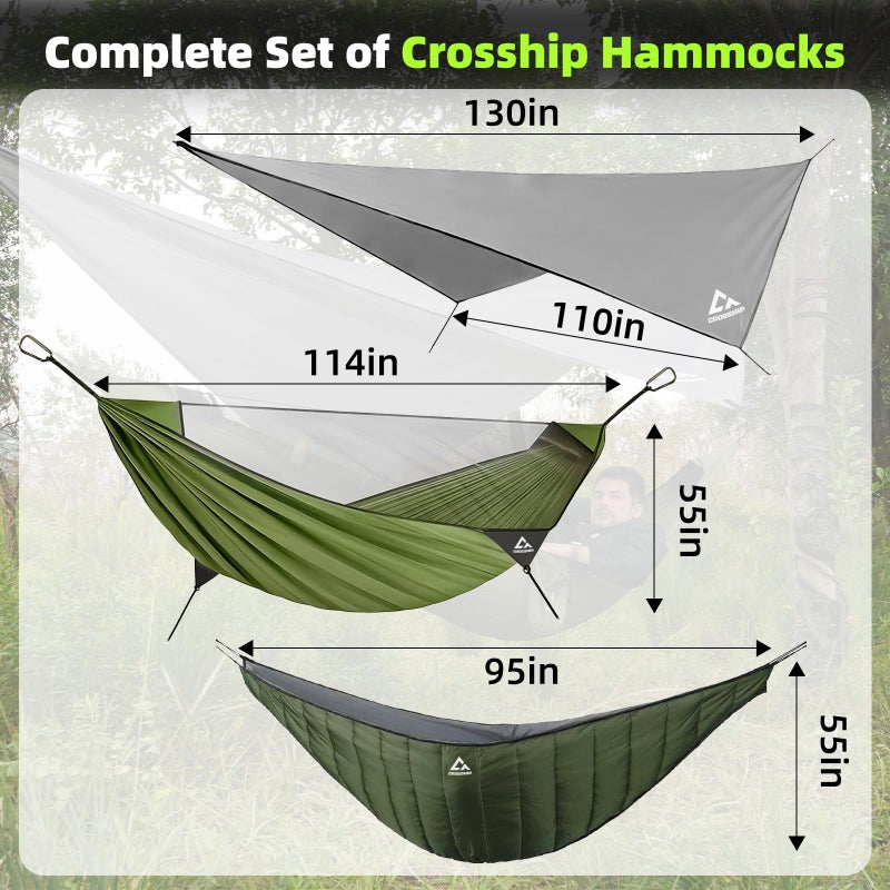 Crosship Camping Hammock with Mosquito Net, Underquilt & Rain Fly Tarp â€“ 2 Person Portable Backpacking Hammock Set for Hiking, Backpacking, Travel, Backyard, Beach â€“ Holds Up to 500lbs (Green) - Image 5