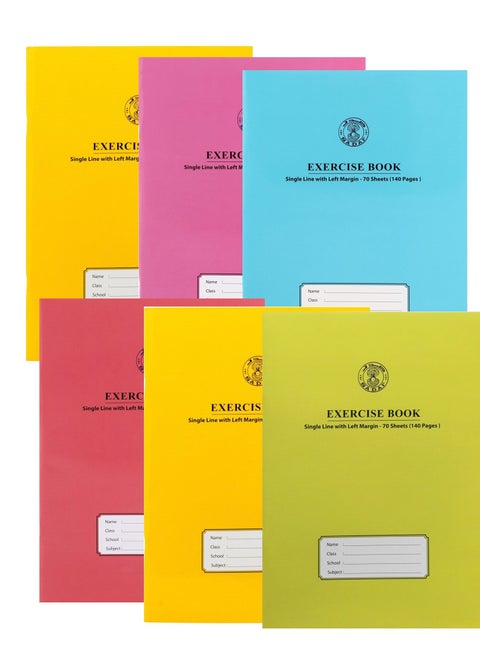 6-Piece A4 Size Single Lined Notebook With Left Margin 70 Sheets Assorted Colours