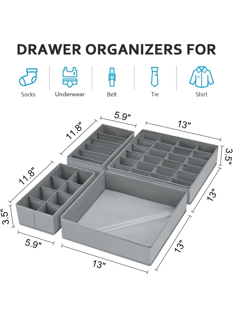 4 Pack Drawer Organizers for Underwear & Socks – Foldable Non-Woven Fabric Closet Storage Boxes with Multi-Cell Dividers (6 / 7 / 8 / 24 Cells) – Space-Saving Storage for Socks, Underwear, Bras, Ties – Moisture & Tear Resistant, Easy to Use- Grey - Image 3
