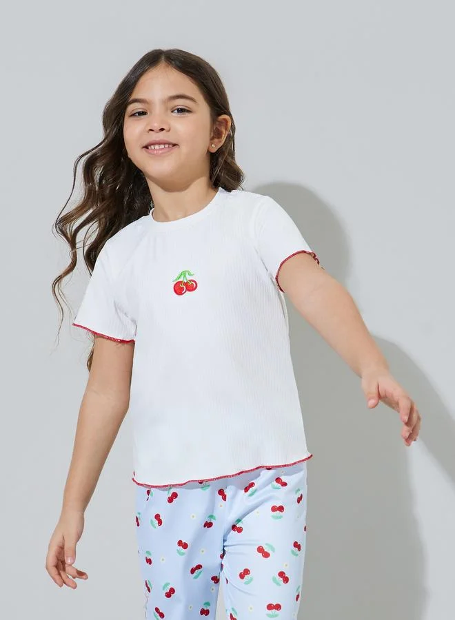 Styli Girls White Cherry Print T-Shirt and Light Blue Pants Pyjama Set