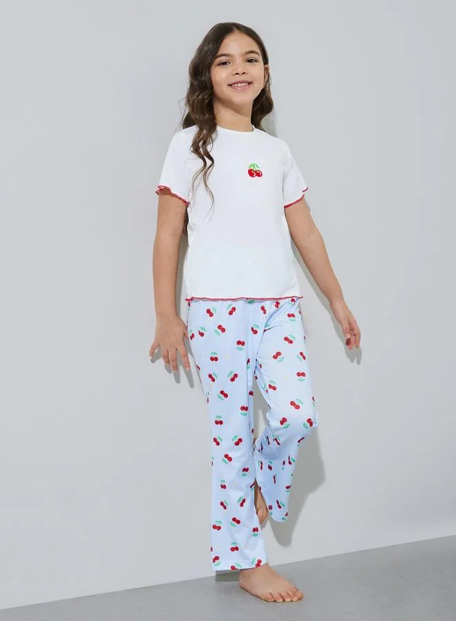 Styli Girls White Cherry Print T-Shirt and Light Blue Pants Pyjama Set