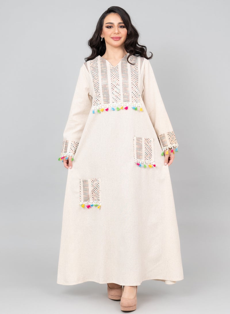 اكسا جلابية كتان مطرزة أنيقة بيج - Image 1