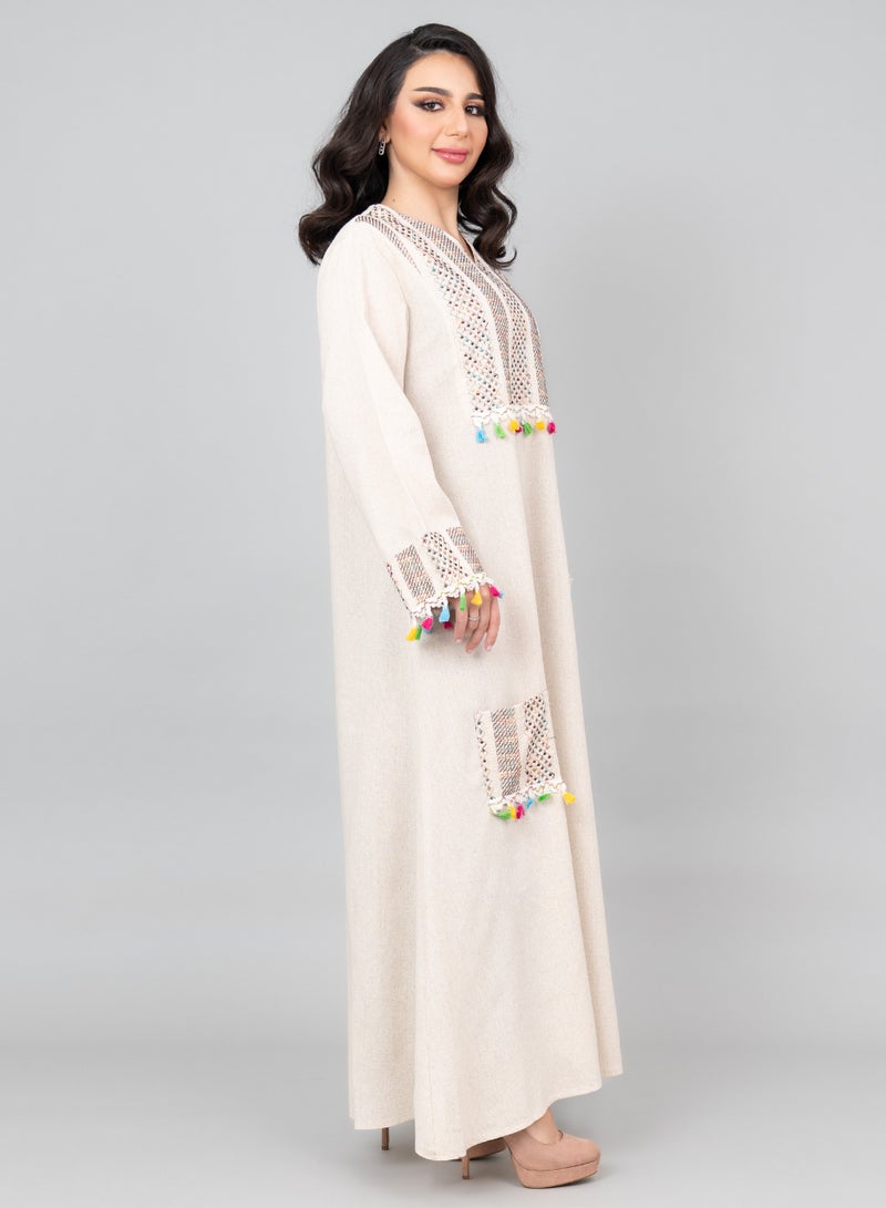 اكسا جلابية كتان مطرزة أنيقة بيج - Image 3