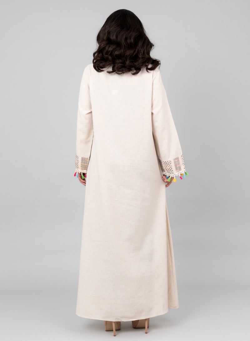 اكسا جلابية كتان مطرزة أنيقة بيج - Image 4