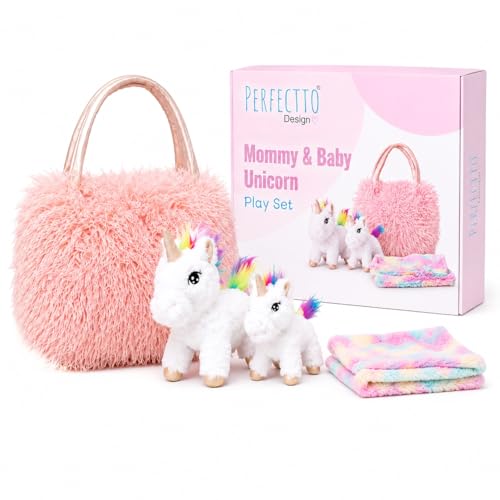 Perfectto Design Unicorn Toy for Girls Age 3 4 5 4 PCS Set  Mommy Baby Stuffed Animal Bag and a Doll Blanket Unicorn Gift for 36 Year Old Girl Birthday or Christmas White Rainbow - Image 1
