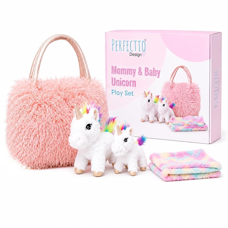 Perfectto Design Unicorn Toy for Girls Age 3 4 5 4 PCS Set  Mommy Baby Stuffed Animal Bag and a Doll Blanket Unicorn Gift for 36 Year Old Girl Birthday or Christmas White Rainbow - Image 3