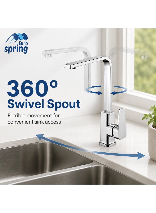 Euro Spring Eurospring Square L-Shape Kitchen Mixer with Swivel Spout - Solid Brass and Chrome - Image 4
