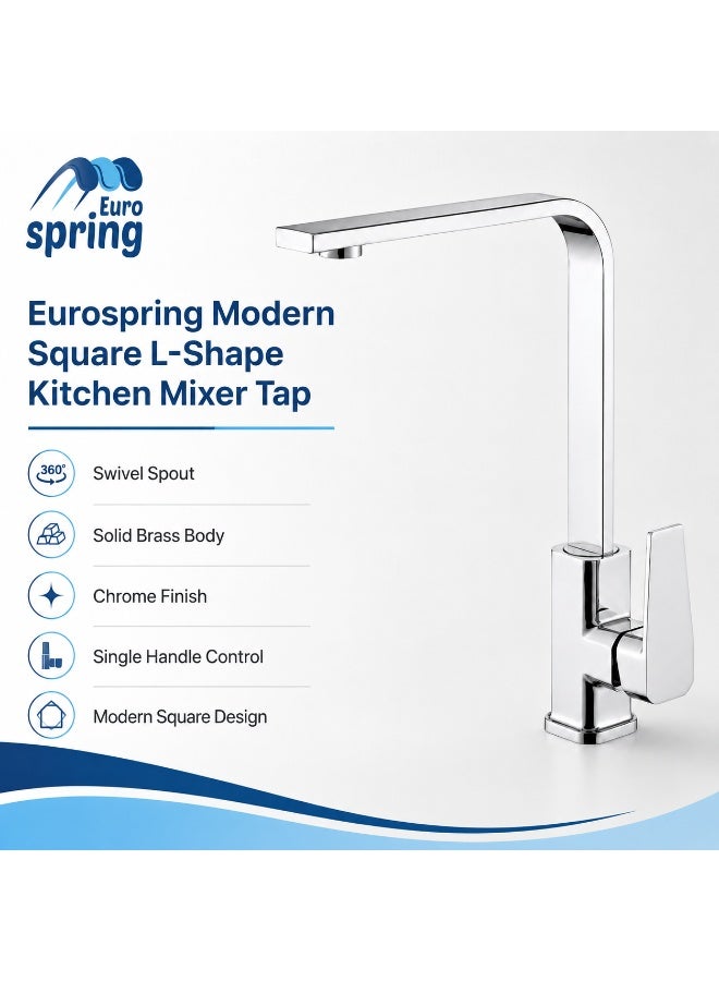 Euro Spring Eurospring Square L-Shape Kitchen Mixer with Swivel Spout - Solid Brass and Chrome - Image 5
