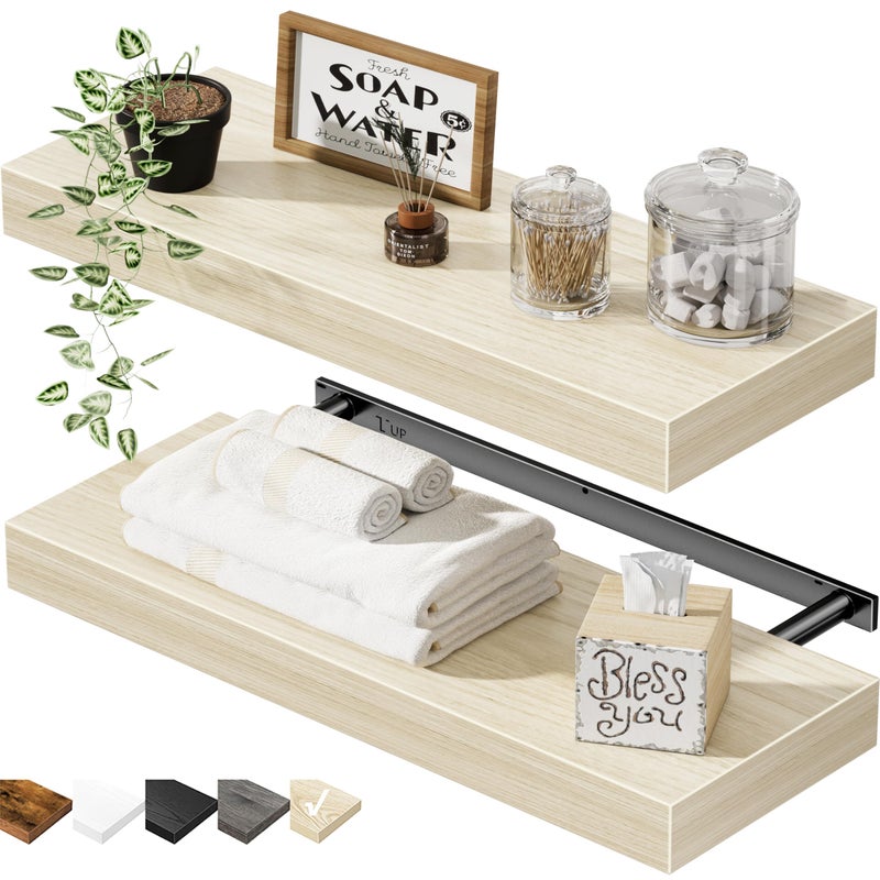 QEEIG Bathroom Floating Shelves for Wall - 15.7" Wall Mounted Shelf Over Toilet Farmhouse Home Decor Display Bookshelf Small 15.7 x 6.7 inch Set of 2, Natural (008-40N) - Image 1