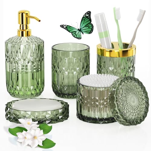 QIQU Green Glass Bathroom Accessories Set 5 Pcs, Green Bathroom Set, Soap Dispenser and Toothbrush Holder Set, Qtip Holder Set, Vintage Bathroom Sink Set, Cute Bathroom Decor - Image 1