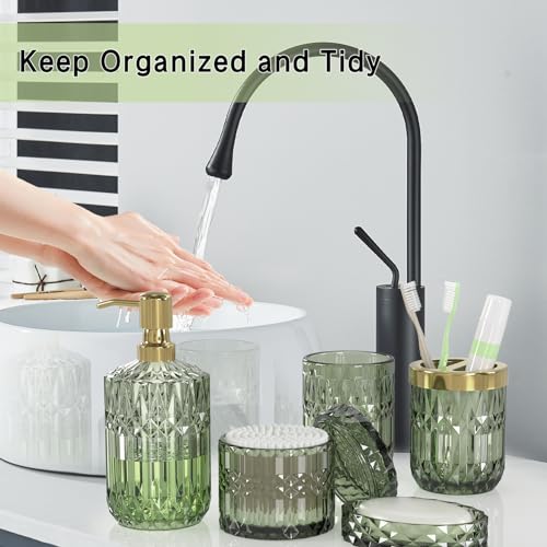 QIQU Green Glass Bathroom Accessories Set 5 Pcs, Green Bathroom Set, Soap Dispenser and Toothbrush Holder Set, Qtip Holder Set, Vintage Bathroom Sink Set, Cute Bathroom Decor - Image 4