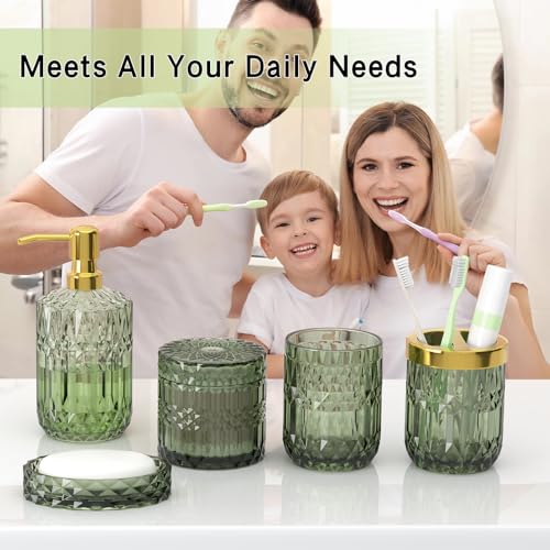 QIQU Green Glass Bathroom Accessories Set 5 Pcs, Green Bathroom Set, Soap Dispenser and Toothbrush Holder Set, Qtip Holder Set, Vintage Bathroom Sink Set, Cute Bathroom Decor - Image 2