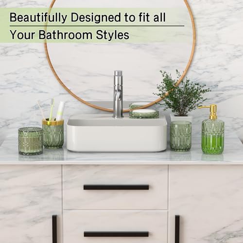 QIQU Green Glass Bathroom Accessories Set 5 Pcs, Green Bathroom Set, Soap Dispenser and Toothbrush Holder Set, Qtip Holder Set, Vintage Bathroom Sink Set, Cute Bathroom Decor - Image 3