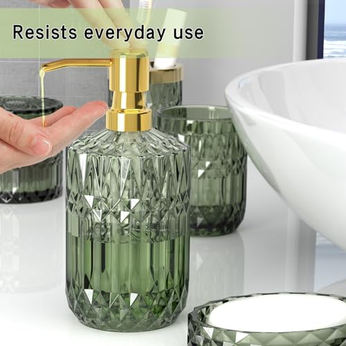 QIQU Green Glass Bathroom Accessories Set 5 Pcs, Green Bathroom Set, Soap Dispenser and Toothbrush Holder Set, Qtip Holder Set, Vintage Bathroom Sink Set, Cute Bathroom Decor - Image 5