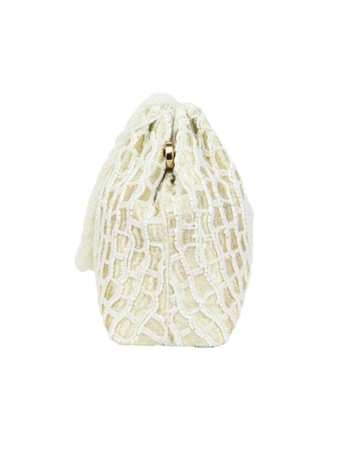Dollar's Beaded Satin Evening Clutch Bag for Women RP09, Party and Wedding Handbag, Ethnic Ladies Purse, Sparkly Crystal Beadwork, Bridal Evening Hand Bag, Elegant Occasion Wear Bag (Cream) - Image 3
