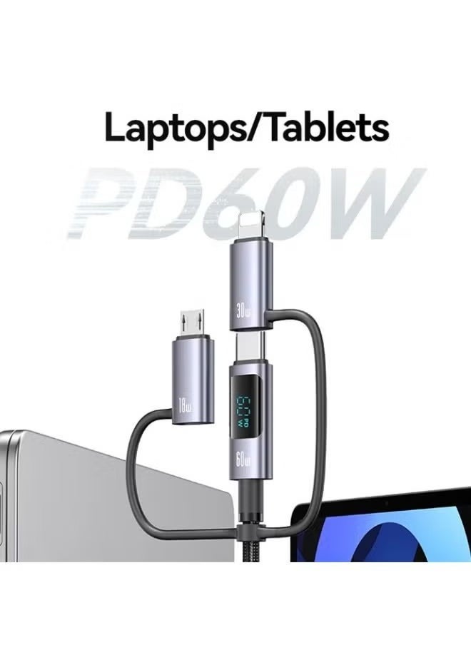 ELTRAZONE كابل شحن سريع 1.2م 60 واط 6 في 1 مع شاشة LED – كابل بيانات USB متعدد الموصلات للشحن السريع ونقل البيانات، غلاف PVC متين، متوافق مع أجهزة USB-C وLightning وMicro USB، مثالي للهواتف الذكية والأجهزة اللوحية والمزيد - Image 4