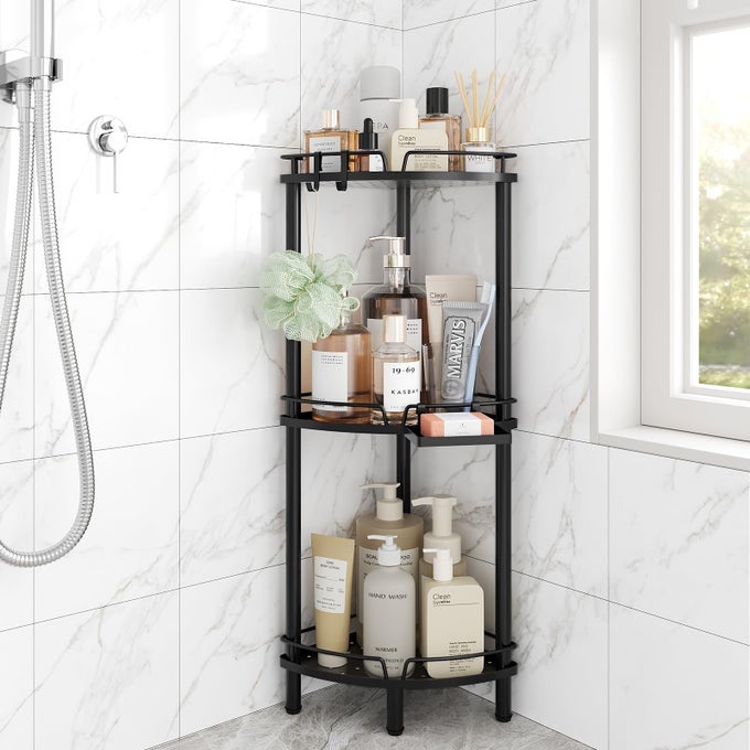CORNER SHOWER CADDY STANDING 3 TIER RUSTPROOF METAL SHOWER ORGANIZER WITH SOAP HOLDER FLOOR SHOWER CORNER SHELF RACK STORAGE STANDS WITH ADJUSTABLE FEET 2 HOOKS FOR BATHROOM BLACK