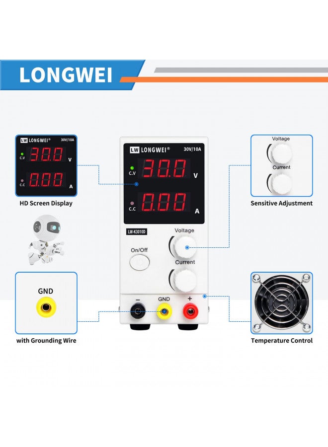 Longwei DC Power Supply Variable,0-30 V / 0-10 A LW-K3010D Adjustable Switching Regulated Power Supply Digital,with Alligator Leads US Power Cord Used for Spectrophotometer and lab Equipment Repair - Image 2