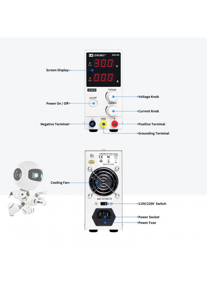 Longwei DC Power Supply Variable,0-30 V / 0-10 A LW-K3010D Adjustable Switching Regulated Power Supply Digital,with Alligator Leads US Power Cord Used for Spectrophotometer and lab Equipment Repair - Image 3