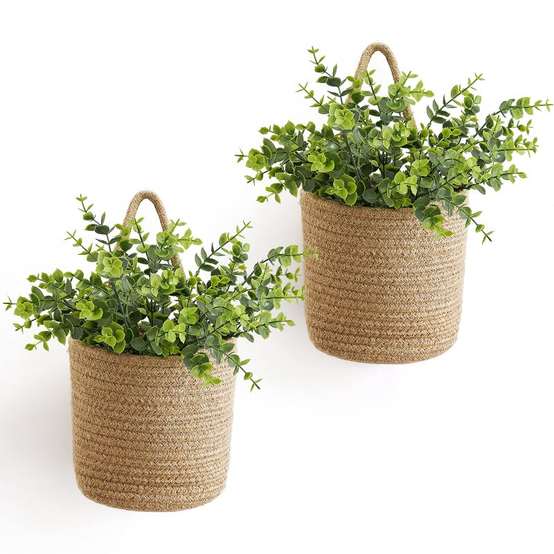 Dahey 2 Pack Wall Hanging Rope Basket with Artificial Eucalyptus Farmhouse Decor  Jute Woven Storage Organizer Flower Plants Basket Set Rustic Wall Decor for Porch Living Room Bedroom Entryway Brown - Image 1