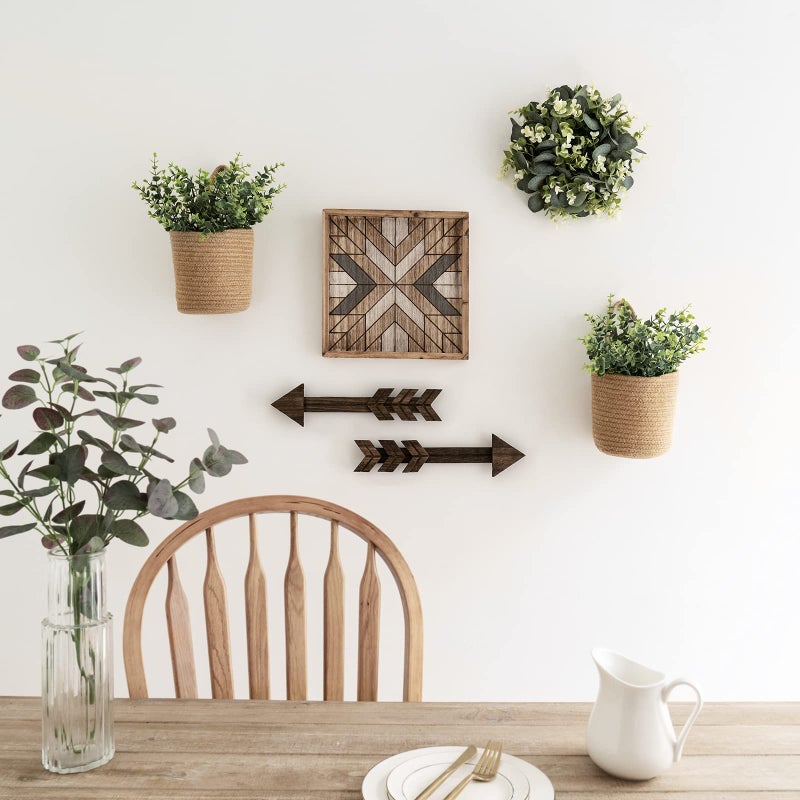 Dahey 2 Pack Wall Hanging Rope Basket with Artificial Eucalyptus Farmhouse Decor  Jute Woven Storage Organizer Flower Plants Basket Set Rustic Wall Decor for Porch Living Room Bedroom Entryway Brown - Image 2