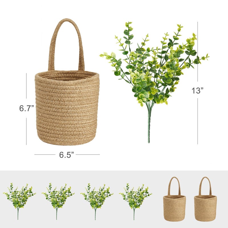 Dahey 2 Pack Wall Hanging Rope Basket with Artificial Eucalyptus Farmhouse Decor  Jute Woven Storage Organizer Flower Plants Basket Set Rustic Wall Decor for Porch Living Room Bedroom Entryway Brown - Image 4