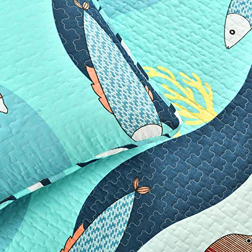 Lush Decor Sea Life Reversible Cotton Quilt Queen Size 3 Piece Set Full/Queen Blue - Kids Bedding Set Queen Quilt - Coastal Bedroom Decor - Beach House - Image 3
