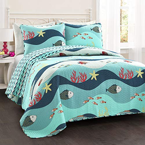 Lush Decor Sea Life Reversible Cotton Quilt Queen Size 3 Piece Set Full/Queen Blue - Kids Bedding Set Queen Quilt - Coastal Bedroom Decor - Beach House - Image 1