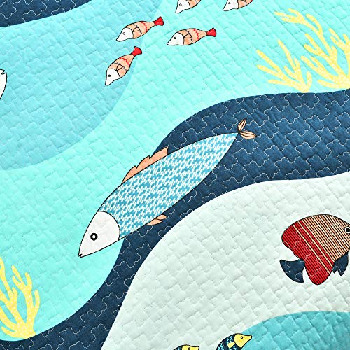 Lush Decor Sea Life Reversible Cotton Quilt Queen Size 3 Piece Set Full/Queen Blue - Kids Bedding Set Queen Quilt - Coastal Bedroom Decor - Beach House - Image 5