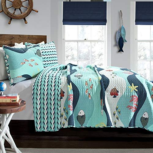 Lush Decor Sea Life Reversible Cotton Quilt Queen Size 3 Piece Set Full/Queen Blue - Kids Bedding Set Queen Quilt - Coastal Bedroom Decor - Beach House - Image 2