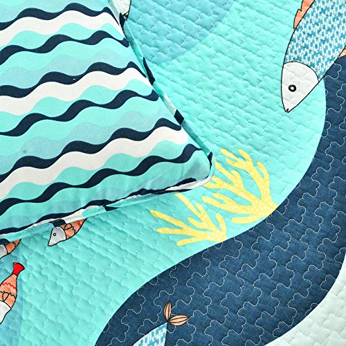 Lush Decor Sea Life Reversible Cotton Quilt Queen Size 3 Piece Set Full/Queen Blue - Kids Bedding Set Queen Quilt - Coastal Bedroom Decor - Beach House - Image 4