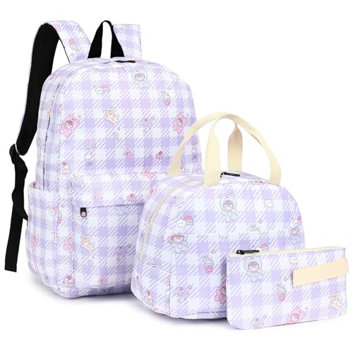 Dezcrab Kids Backpack for Girls Teens School Bags Bookbags Set with Lunch Bag Pencil Case Cute Checkered Purple - Image 1