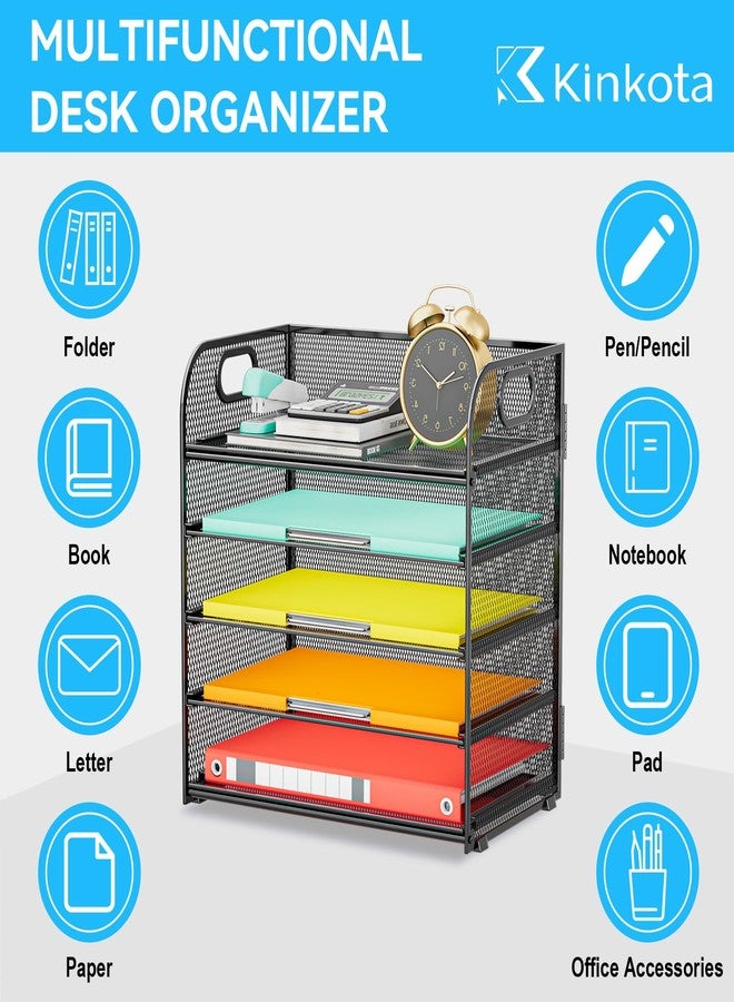 Kinkota Paper Tray Organizers for Desk, 5 Tier Letter Tray Organizer with Handle, Mesh Desk Letter/A4 File Sorter Folder Holder - Black. - Image 4