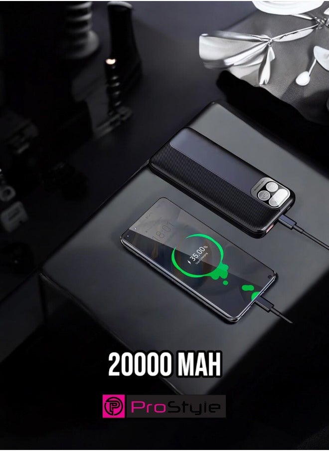 Prostyle - Power Bank 20000mAh Fast Charging, Portable, and High-Capacity Backup Built-in Cables - Black - Image 1