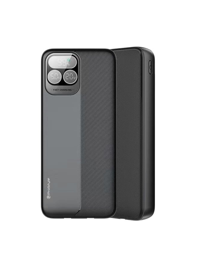 Prostyle Power Bank 20000mAh Fast Charging, Portable, and High-Capacity Backup Built-in Cables - Black  - Image 3