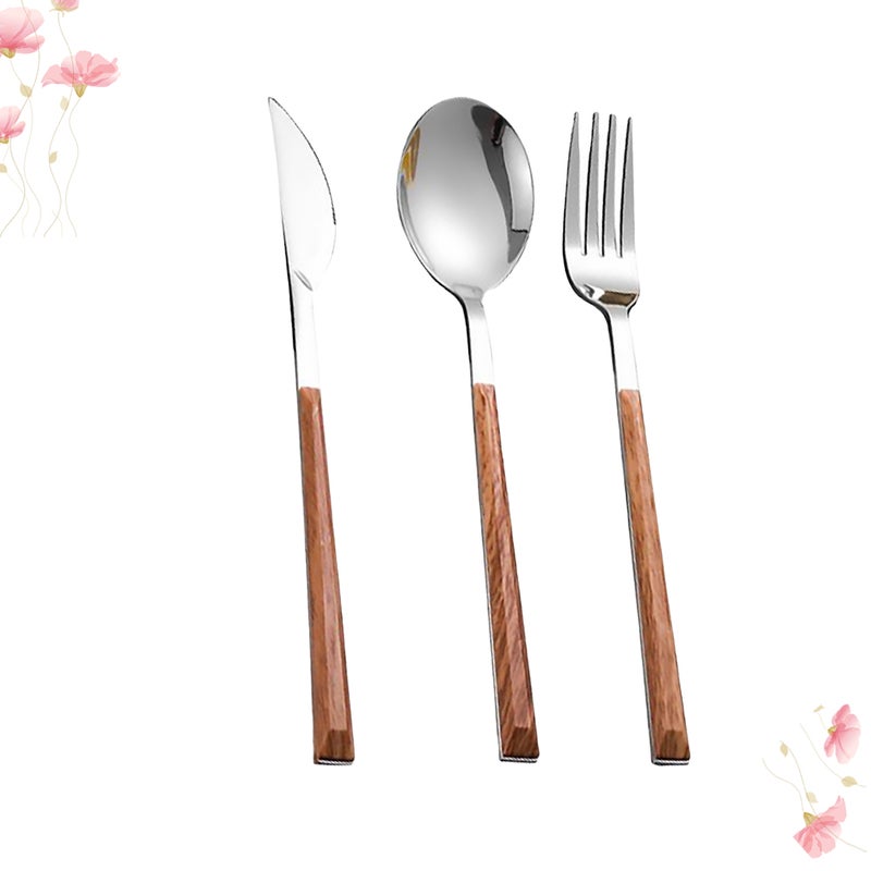 6 pcs Stainless Steel Flatware Set Portable Tableware Imitation Wood Handle Fork Spoon Steak Cutter Fruit Cutlery Kit (Cutter + Spoon + Fork) - Image 1