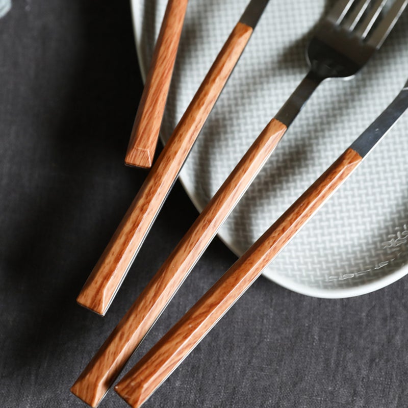 6 pcs Stainless Steel Flatware Set Portable Tableware Imitation Wood Handle Fork Spoon Steak Cutter Fruit Cutlery Kit (Cutter + Spoon + Fork) - Image 3