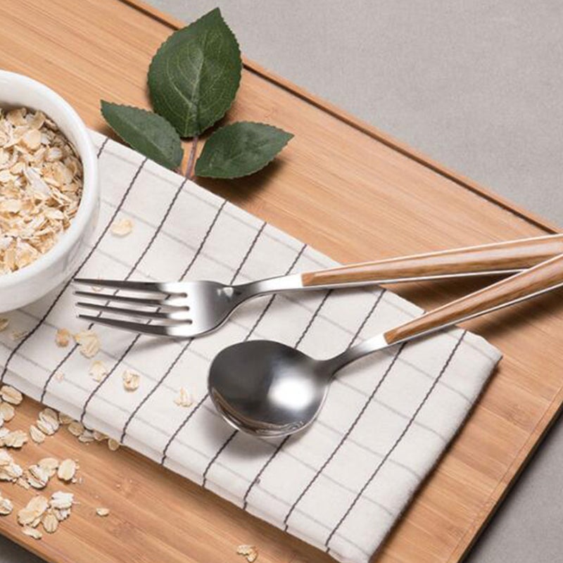 6 pcs Stainless Steel Flatware Set Portable Tableware Imitation Wood Handle Fork Spoon Steak Cutter Fruit Cutlery Kit (Cutter + Spoon + Fork) - Image 5