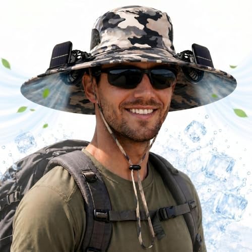 Berlune Men Sun Hat with 2 Solar Fan Fishing Wide Brim Sun Hat for Beach Outdoor Summer Camping USB Solar PoweredGrayCamouflage - Image 1