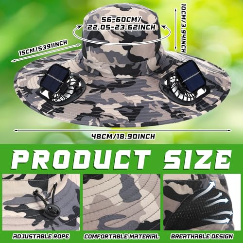 Berlune Men Sun Hat with 2 Solar Fan Fishing Wide Brim Sun Hat for Beach Outdoor Summer Camping USB Solar PoweredGrayCamouflage - Image 3