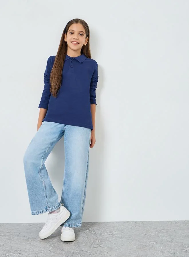 Styli Kids Navy Blue Long Sleeve Polo T-Shirt