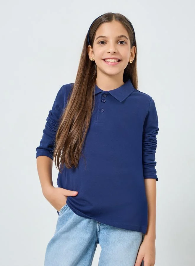 Styli Kids Navy Blue Long Sleeve Polo T-Shirt